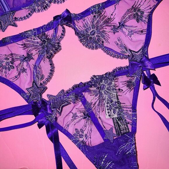 Victoria's Secret 32B,34B,34D CORSET BRA TOP SET+garter+PURPLE SILVER STARSTRUCK - Picture 5 of 6